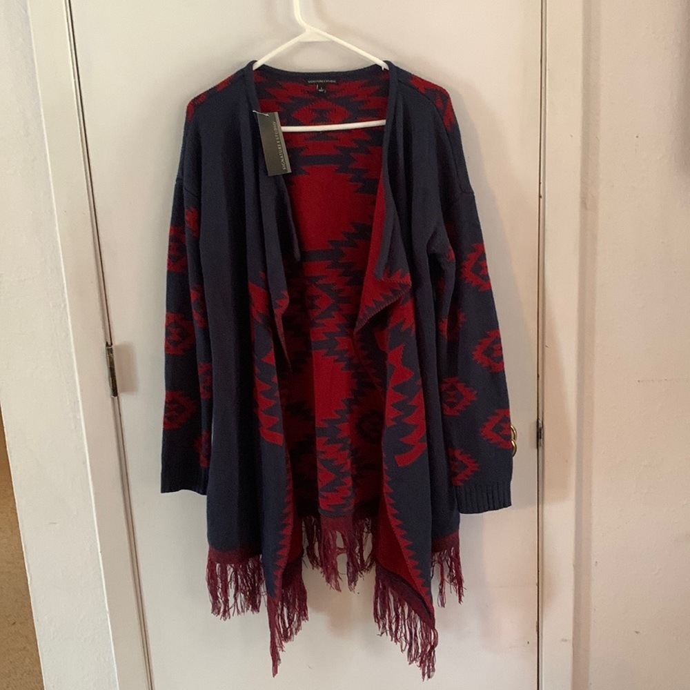 Signature Studio red & navy Aztec southwestern draped front fringe cardigan
